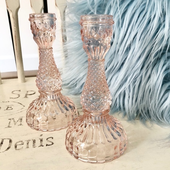 Candle Stick Holders, Taper, Pink, Glass, Set of 2, Very Nice Condition - Picture 3 of 7